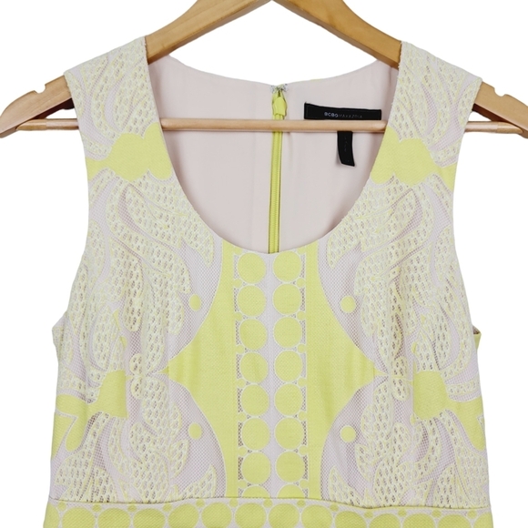 BCBGMaxAzria Etna Lace Peplum Sheath Dress Size 6 Neon Yellow Sleeveless Mini - Picture 5 of 11